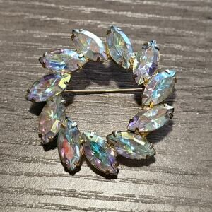 Vintage Aurora Borealis AB Rhinestone Navette Wreath Brooch